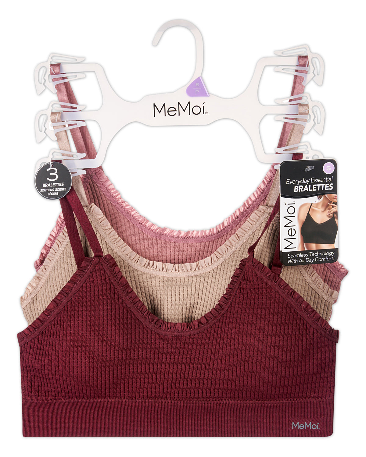 3-Pack Women's Seamless Ruffle-Trim Waffle-Knit Adjustable Tag-Free Bra