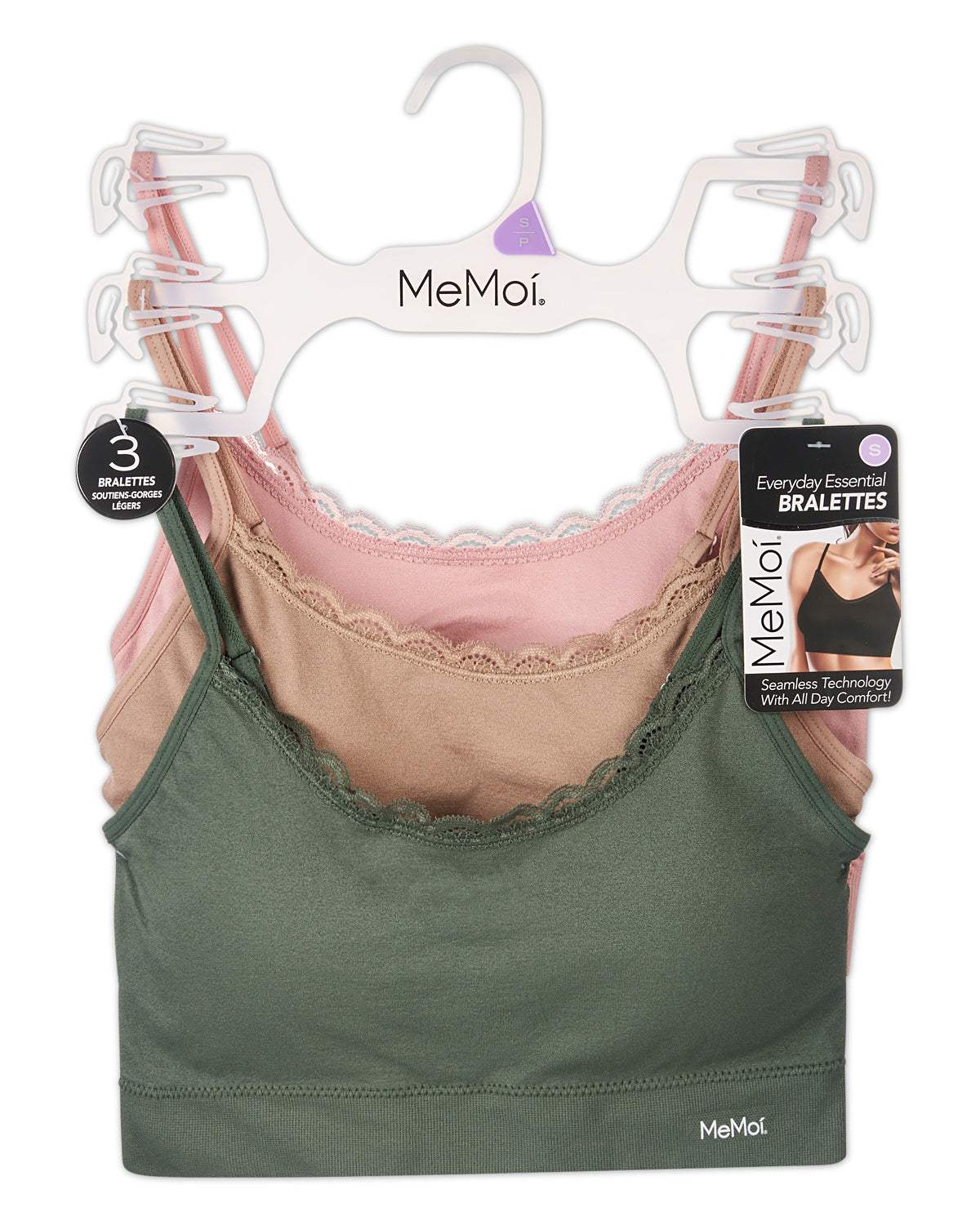 3-Pack Women's Seamless Tag-Free Wireless Bras with Lace-Trim Neckline
