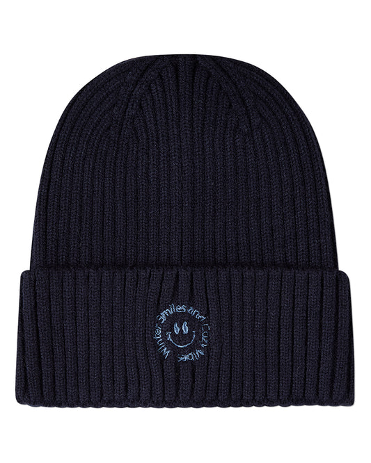 Kids "Winter Smiles" Rayon-Blend Chunky-Rib Embroidered Cuffed Beanie