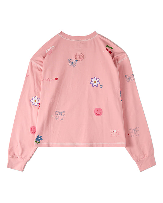 Girls All-Over Motif Cotton-Rich Long-Sleeve T-Shirt