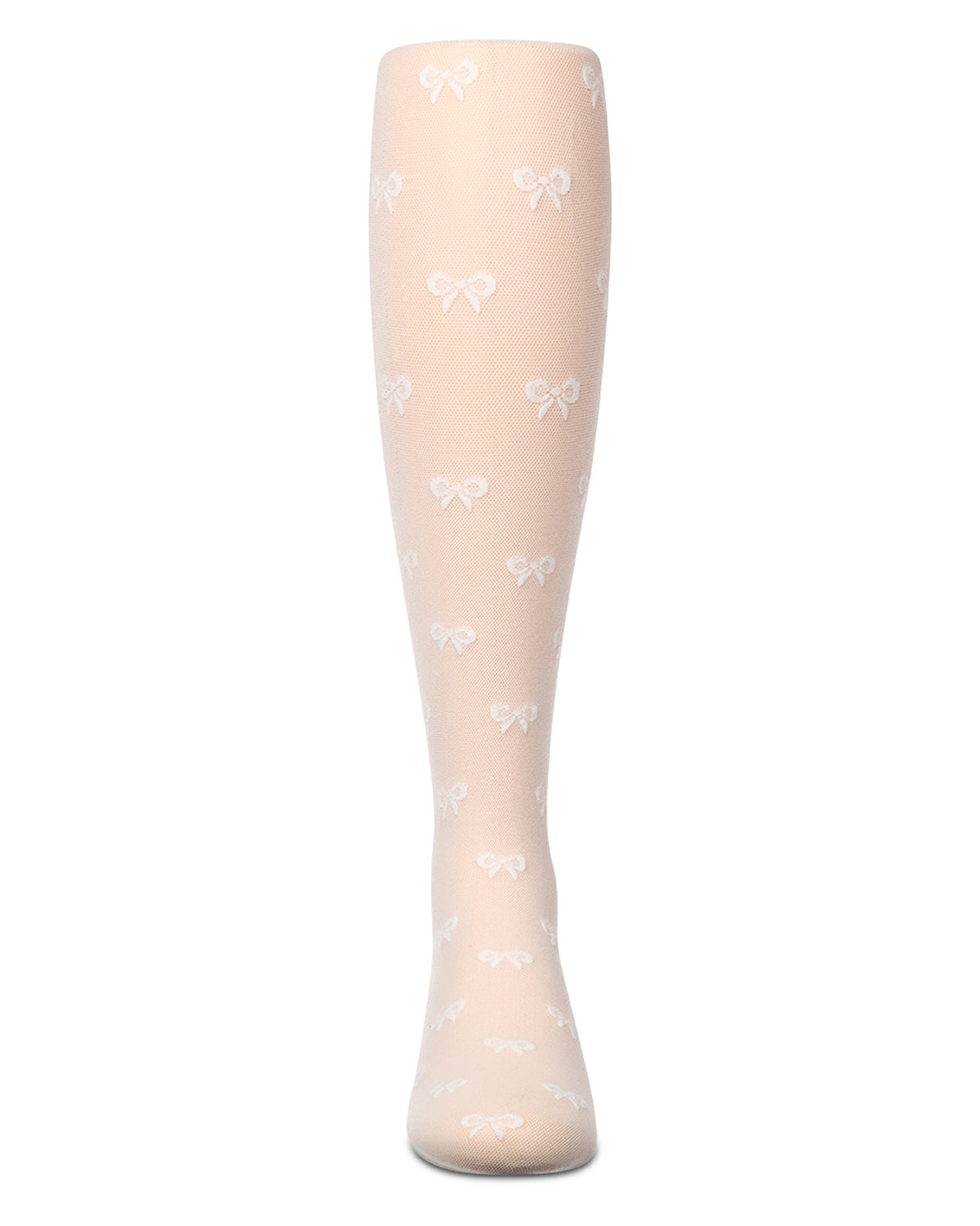 Girls' sheer winter white tights with bow pattern, front view, on a white background