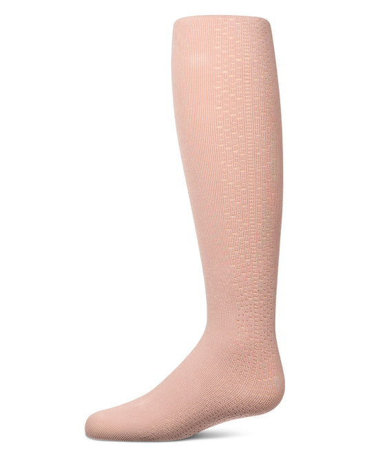 Girls' blush pink pointelle-knit tights, side view, on a white background