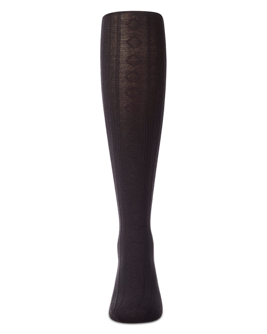 A single knee-high black sock with a textured knit pattern and subtle vertical ribbing, shown against a plain white background.