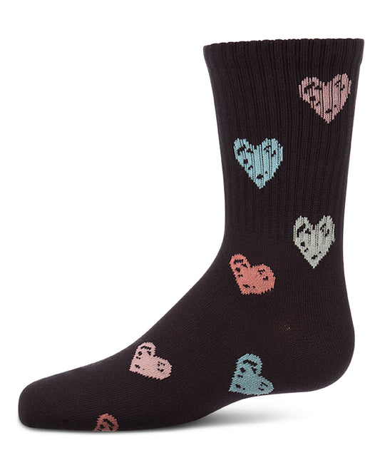 Girls Cozy Ribbed Cotton Blend "Graffiti Heart" Crew Sock