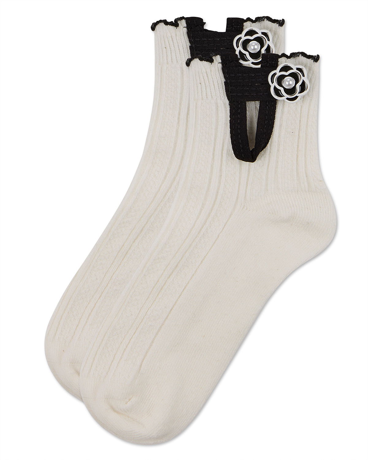 Girls' Floral Button Anklet Socks : Color: Black