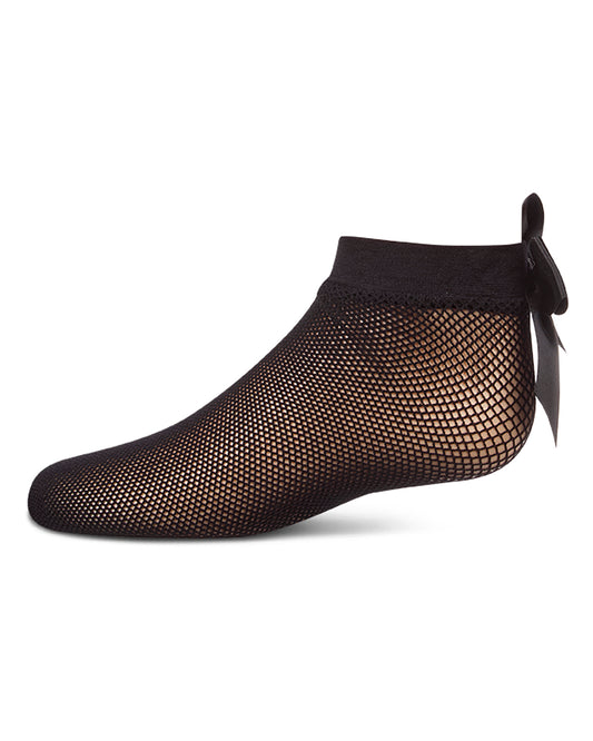 Black fishnet sock with a bow on a white background