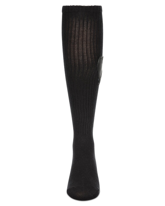 Girls Ribbed Cotton Blend Heart Patch Knee Sock : Color: Black