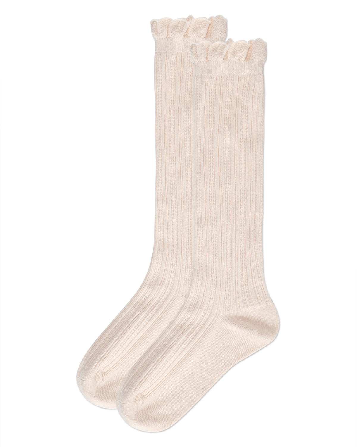 A pair of ribbed knee-high socks in a warm cream or off-white color, featuring a ruffled elastic cuff, shown against a plain white background.