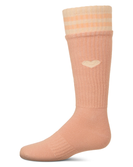 Girls Ribbed Cotton Blend "Heart and Stripes" Knee Sock : Color: Peach