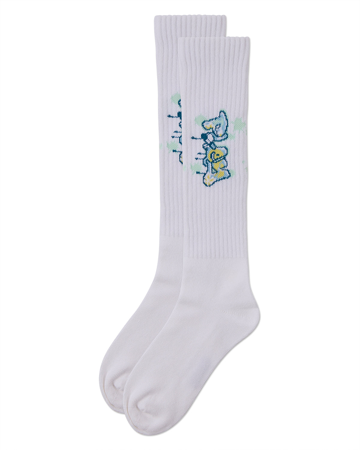 Girls Ribbed Stretch Cotton "Graffiti Play" Knee Sock : Color: White