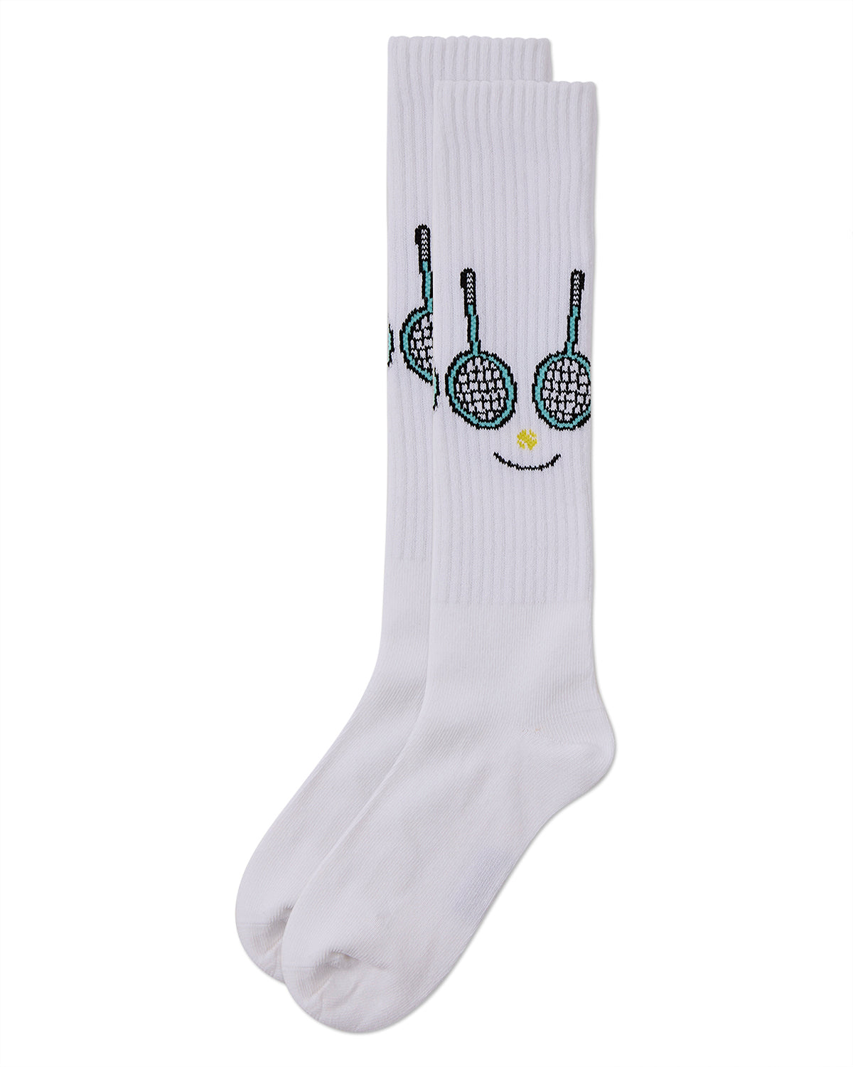 Girls Ribbed Stretch Cotton "Tennis Smiley Face" Knee Sock : Color: White