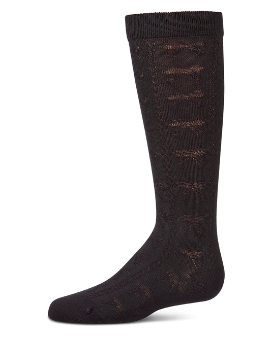 Girls Cotton-Rich Tonal Bow-Trim Cable-Rib Knee High Sock