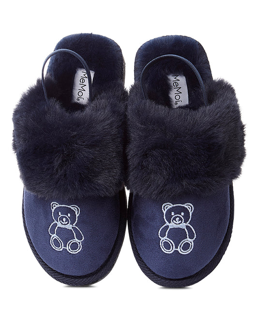 Kids Vegan Suede Sherpa-Lined Slide Slippers with Embroidered Teddy Bear