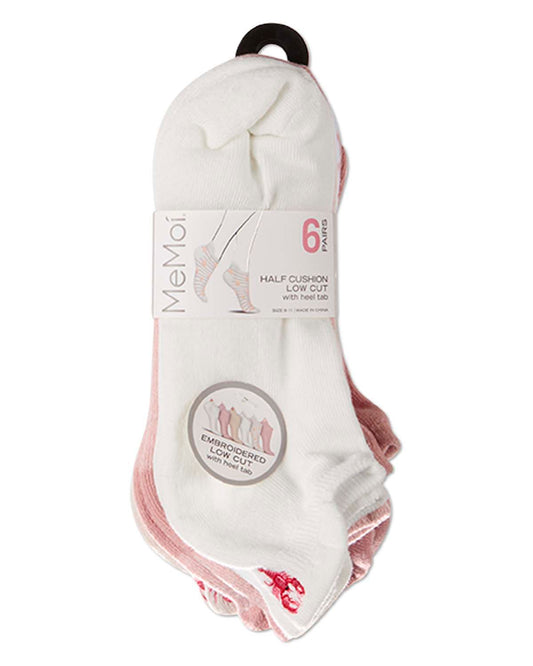 6 Pair Women's "Crab and Shell" Embroidered Half-Cushion Low Cut Socks