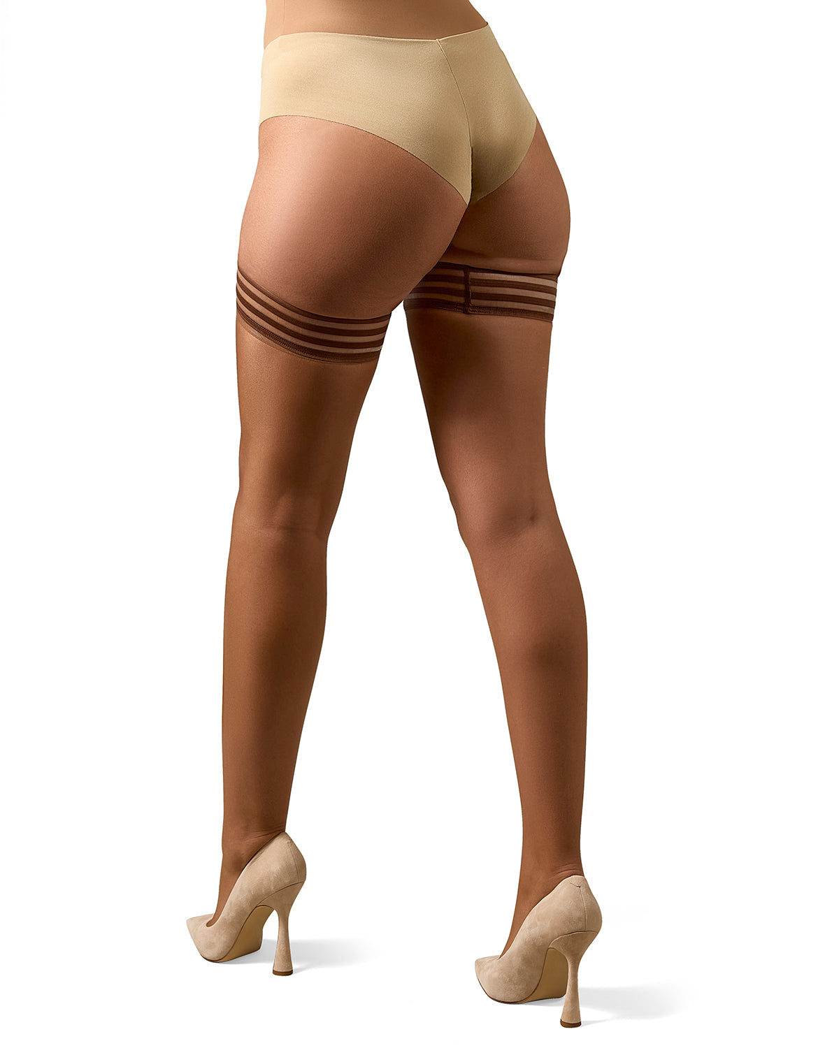 Women's Simply Bare Ultra-Sheer Stripe-Top Thigh-High Stockings : Color: Caramel