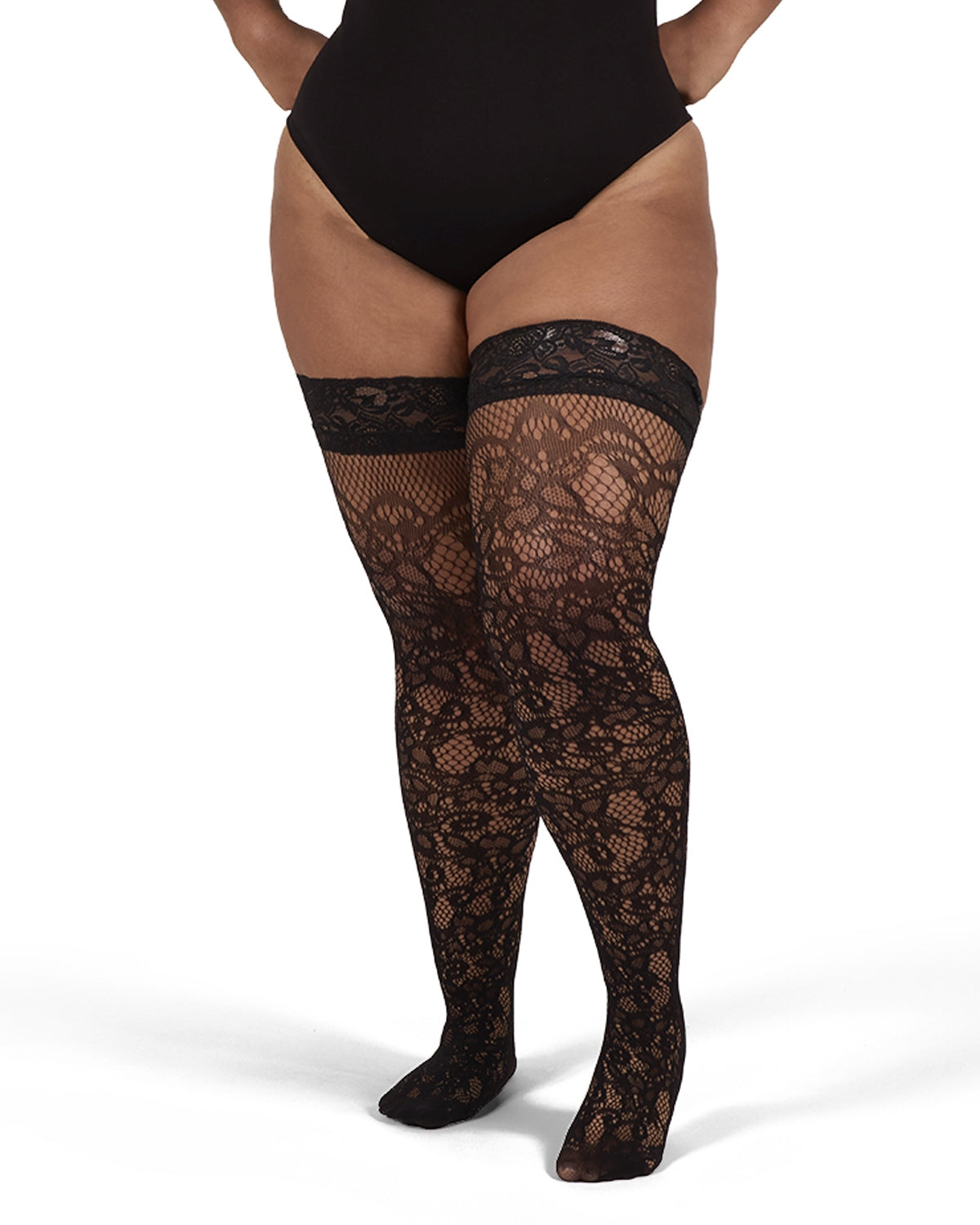 Women's Net Swirl-Pattern Lace-Top Plus Size Thigh High Stockings
