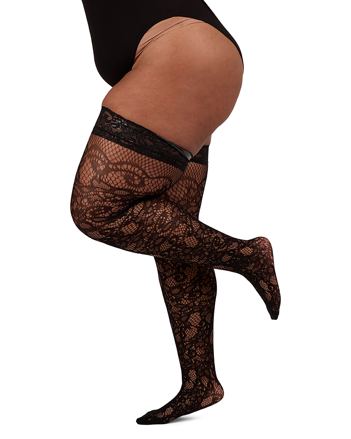 Women's Net Swirl-Pattern Lace-Top Plus Size Thigh High Stockings