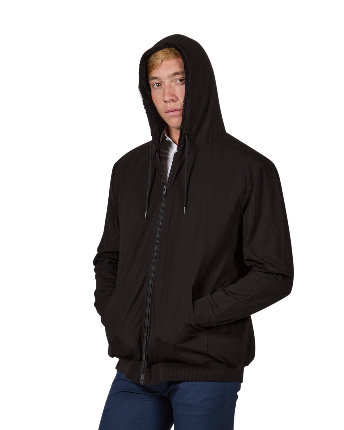 Men's Zip-Up Rayon Blend Hoodie with Faux Fur Lining