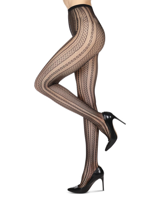 Women's Optic Spiral Sheer Net Nylon Tights : Color: Black