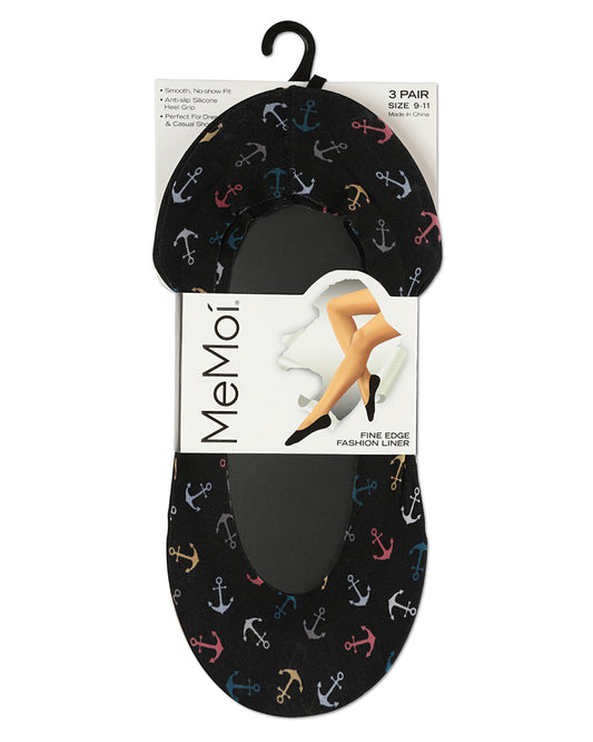 Women's 3 Pair Pack Anchors At Sea Fine Edge Liner Socks : Color: Black
