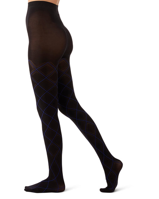 Women's Feminine Diamond Fashion Tights : Color: Persian Blue-Black