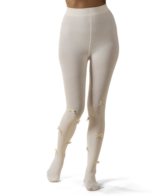 Women's Ribbed Velvety-Bow-Trimmed Cotton Blend Tights : Color: Ivory