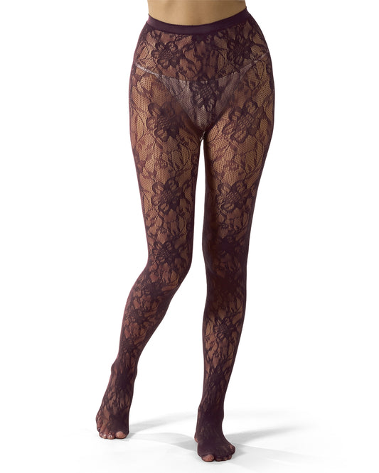 Women's "Blooming Floral" Fashion Net Tights : Color: Burgundy