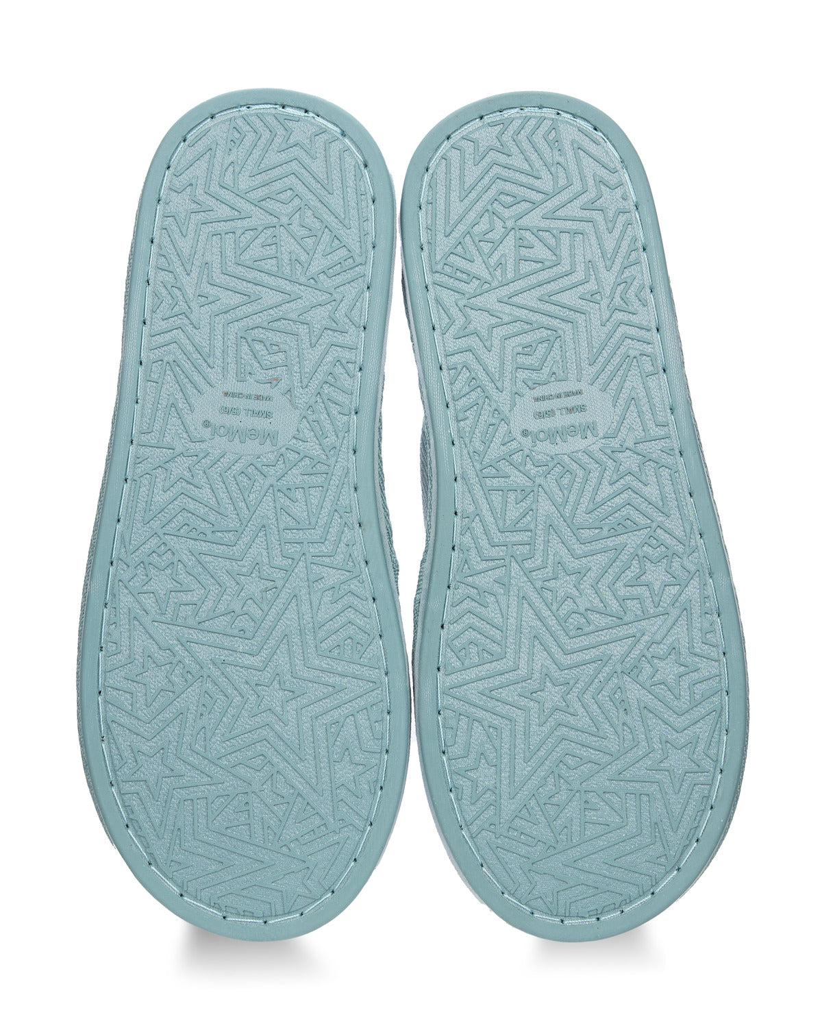 A pair of light blue slip-on slippers shown from the top, featuring a textured geometric star pattern on the soles and visible stitching around the edges.