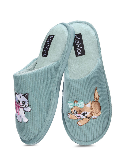A pair of mint green corduroy slip-on slippers with embroidered kitten designs on the sides. The slippers have a soft plush lining and black insole labels reading 'MeyMon'.