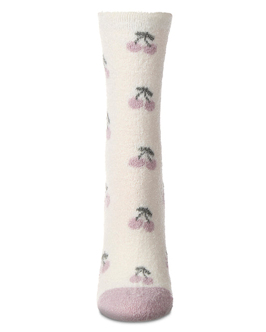 Women's "Cherries" Non-Skid Lavender Infused Crew-Length Cozy Spa Sock : Color: Ivory