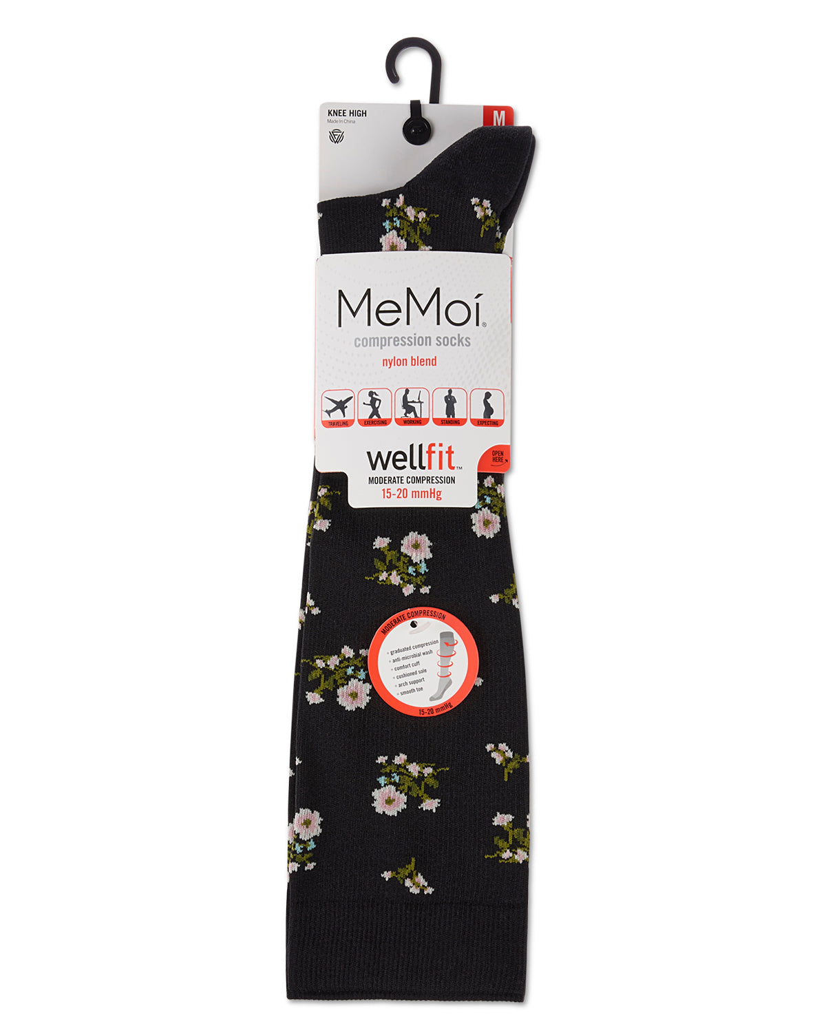 Women's Ditsy Floral Nylon 15-20mmHg Graduated Compression Socks : Color: Black
