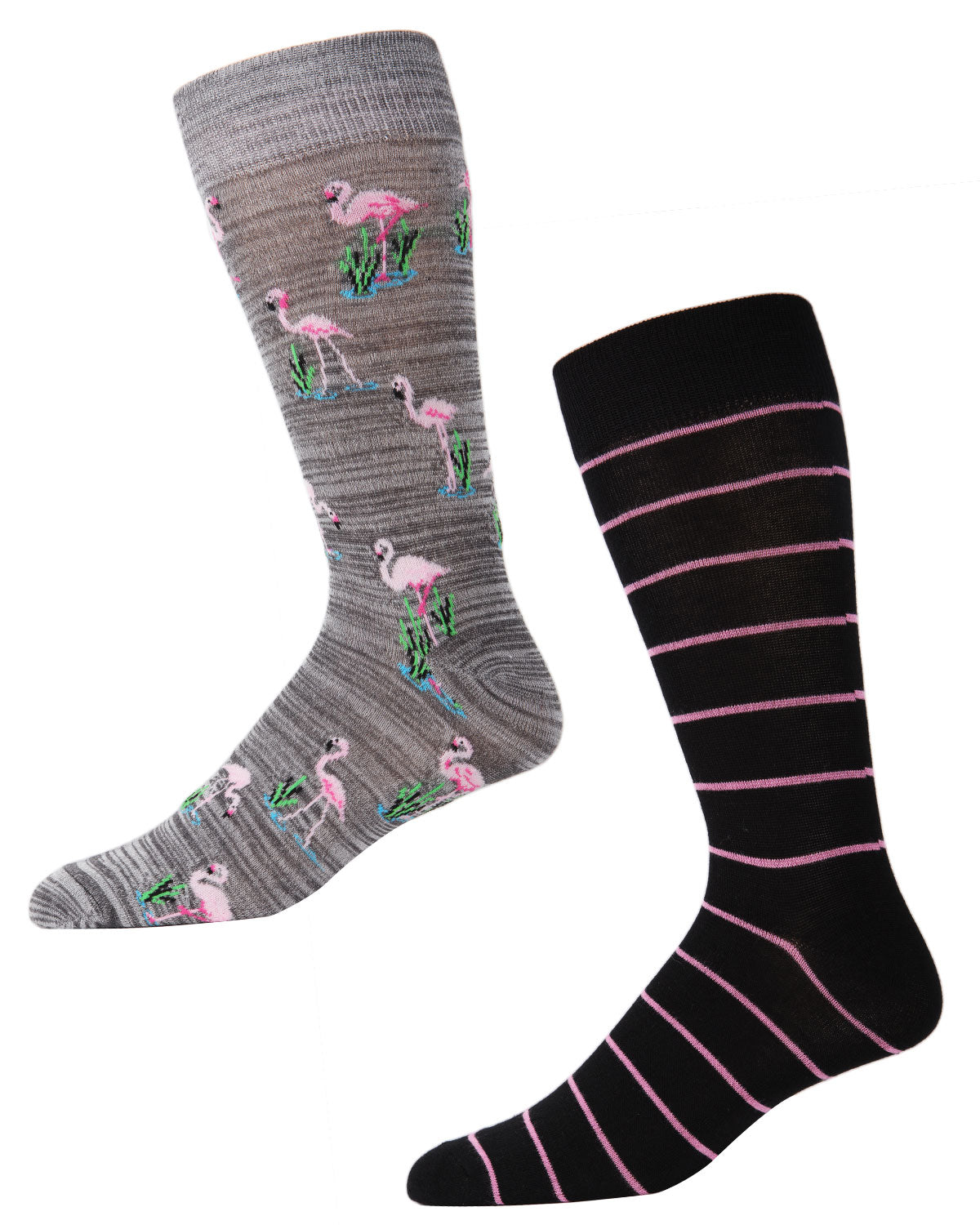 Men's 2 Pair Pack Novelty Flamingo Stripe Crew Socks : Color: Gray