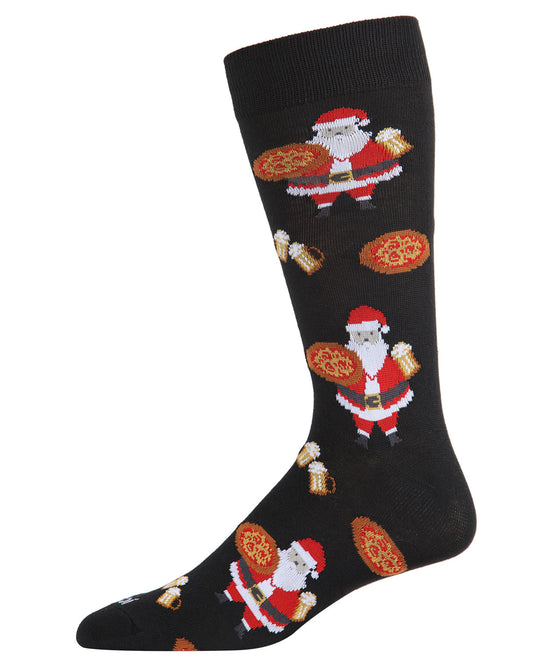 Men's Jolly Santa with Pizza and Beer Novelty Crew Socks : Color: Black