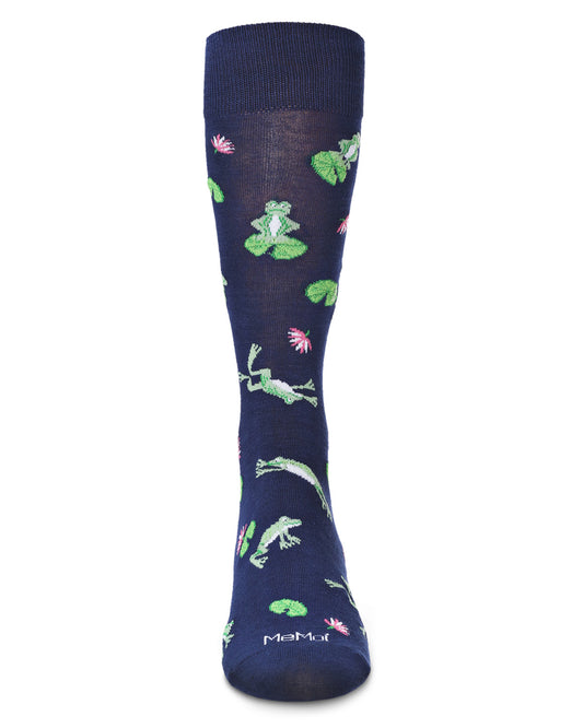 Men's Embroidered Frogs Bamboo Crew Socks : Color: Navy