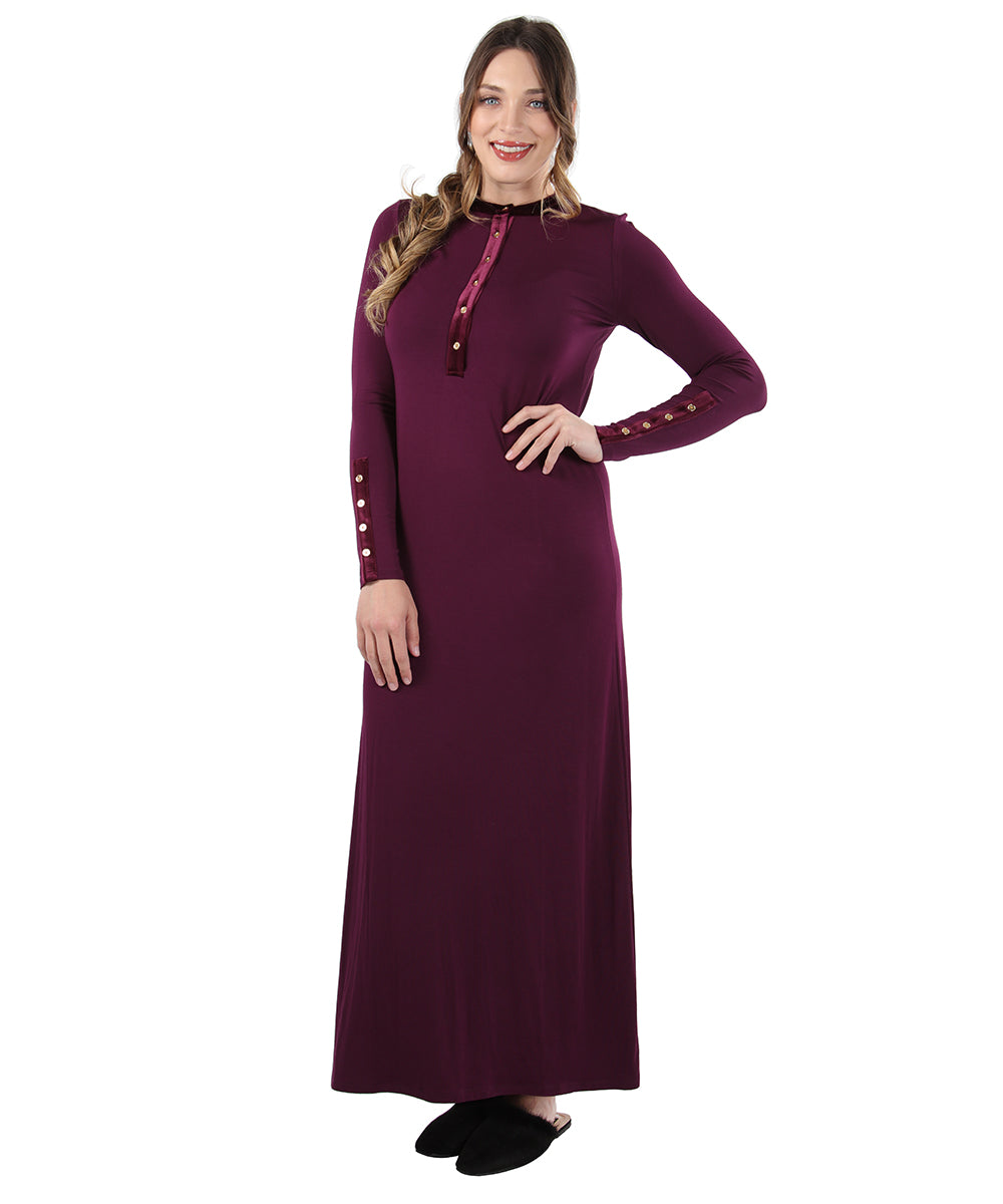 Women's Velour Trim Long Sleep Gown with Decorative Plackets : Color: Burgundy