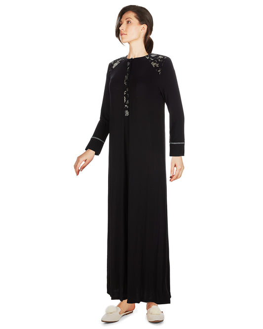 Women's Floral Flocked Full-Length Lounger Gown : Color: Black