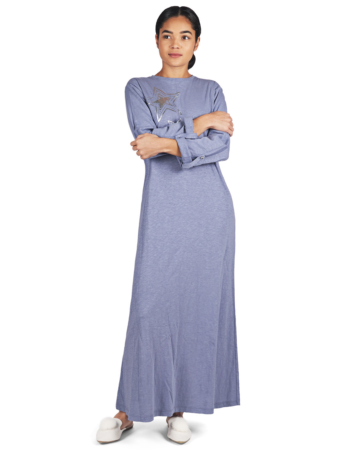 Women's 100% Cotton Slub Knit Full-Length Sleeping Gown S / Blue