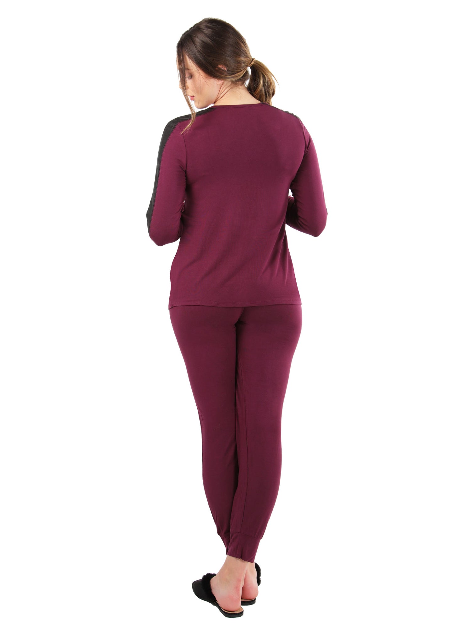 Women's Satin Trim Long Sleeve Matching Pajama Set : Color: Aubergine