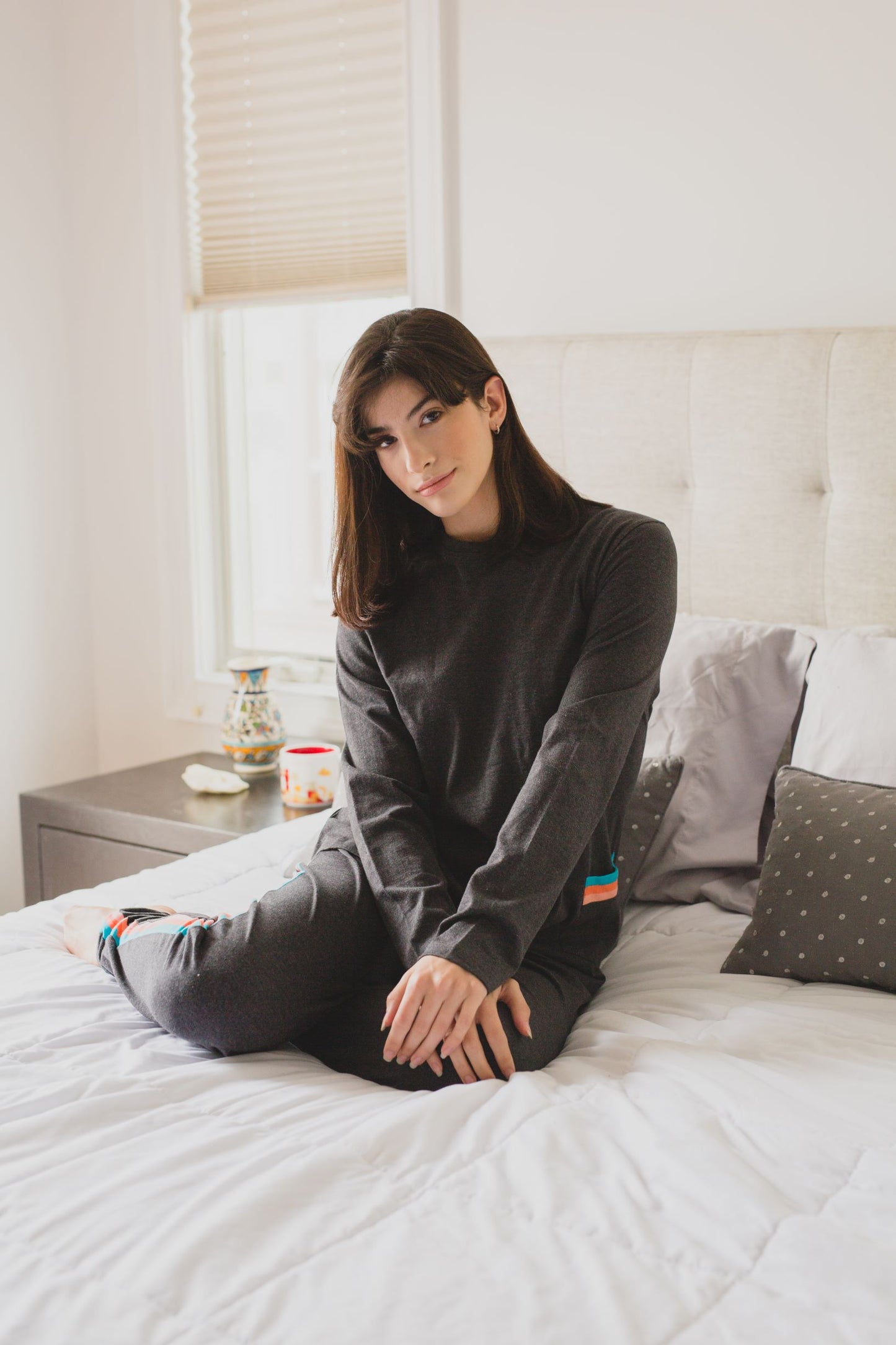 Women's 100% Cotton Three Tone Striped Camper Pajama Set : Color: Charcoal Heather