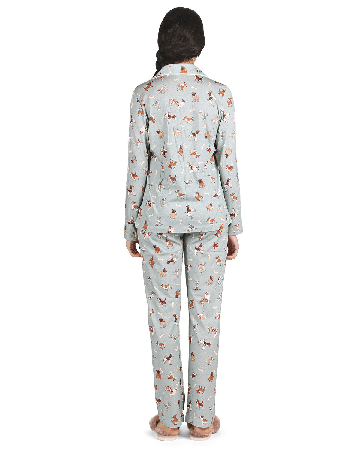 Women's Dog and Bone Notch Collar Cotton Blend Pant Pajama Set : Color: Dusty Teal Heather