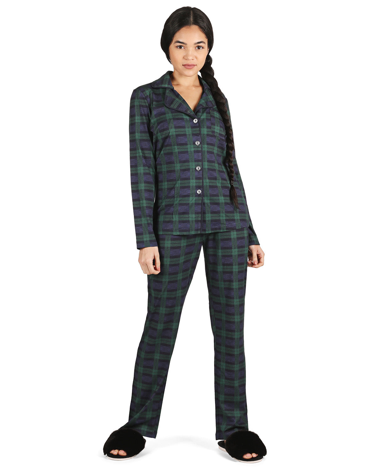 Piece Women's Plaid Cotton-Blend Notch-Collar Button-Down Pajama