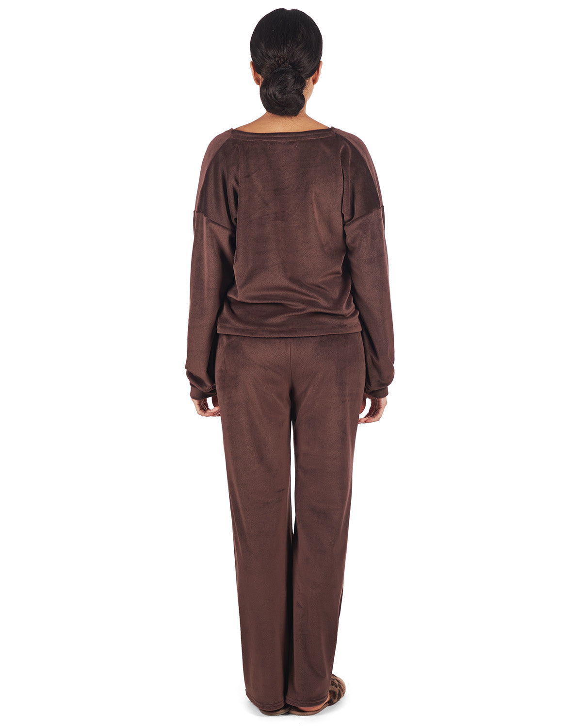 Women's Velour Loose Fit V-Neck Sweatshirt and Pants Set : Color: Dark Brown