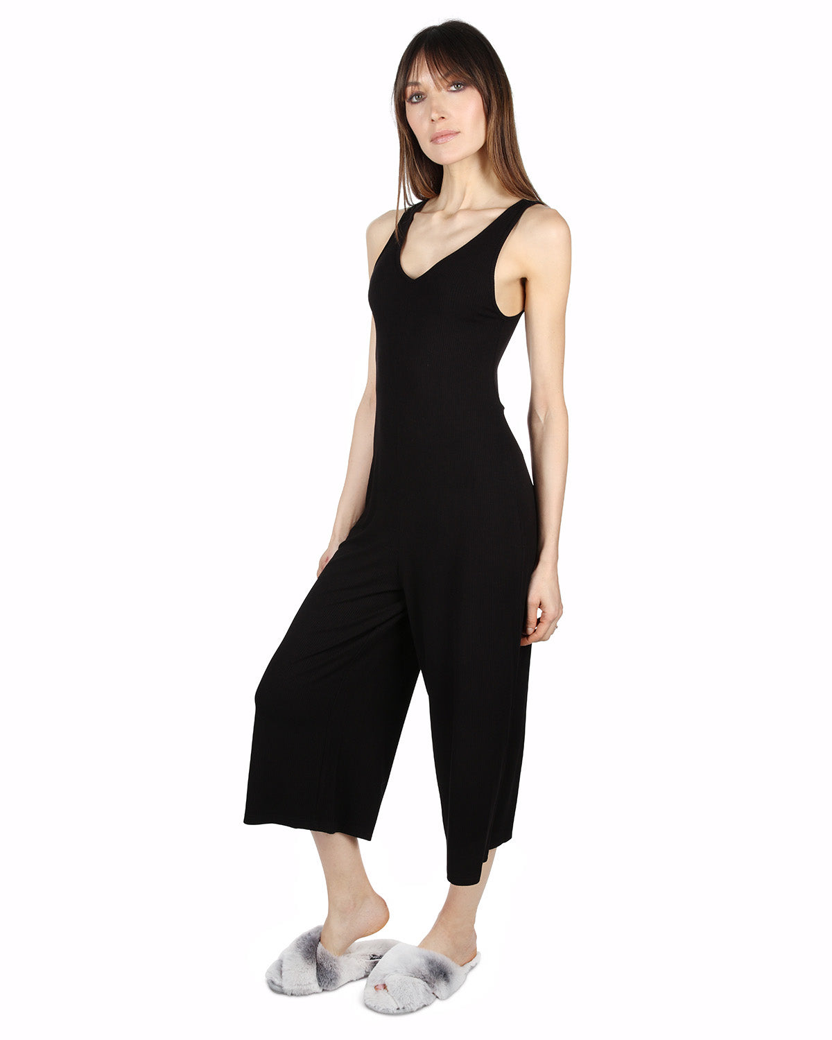Women's V-Neck Luxe Rib Fitted Capri Style Romper : Color: Black