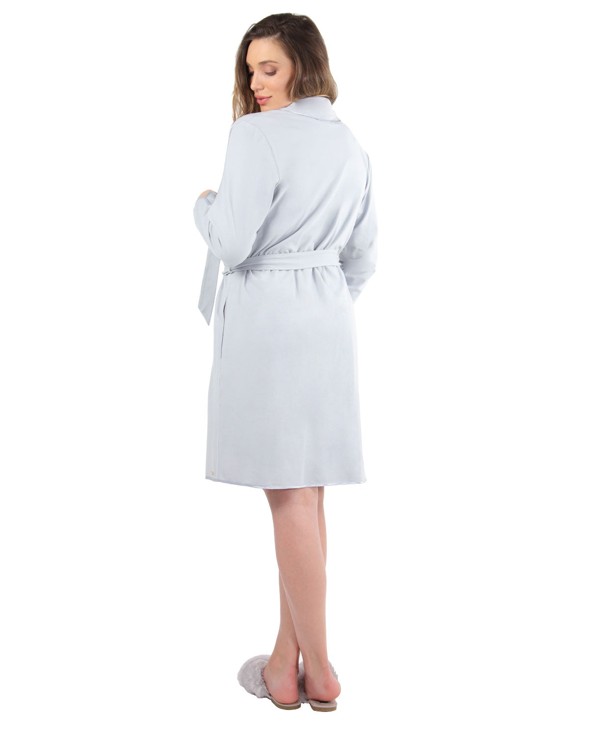 Women's Lace Applique Cotton Blend Robe with Satin Weave Trim : Color: Pearl Blue