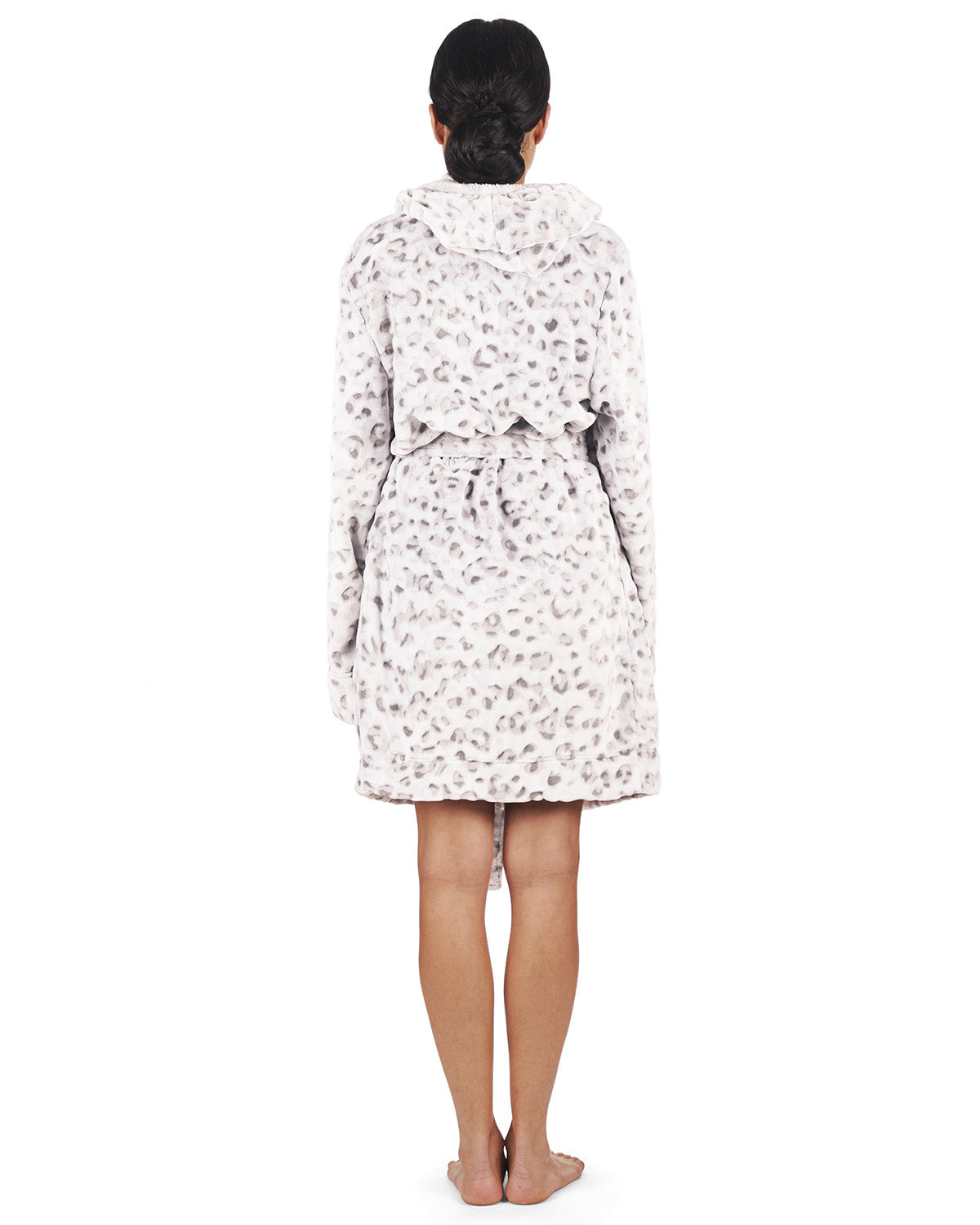 Women's Leopard Print Plush Robe with Pom-Pom Drawstrings : Color: Gray