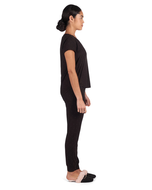 Women's Polka Dot Bamboo Blend Short Sleeve V-Neck Top : Color: Black