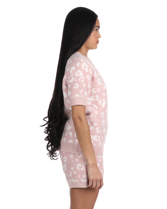 Women's Leopard Print Cozy Knit Short Sleeve Top : Color: Pink-Ivory