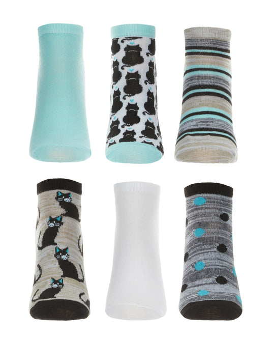 Women's 6 Pair Pack Feline Fine Cat Theme Low Cut Socks : Color: Blue