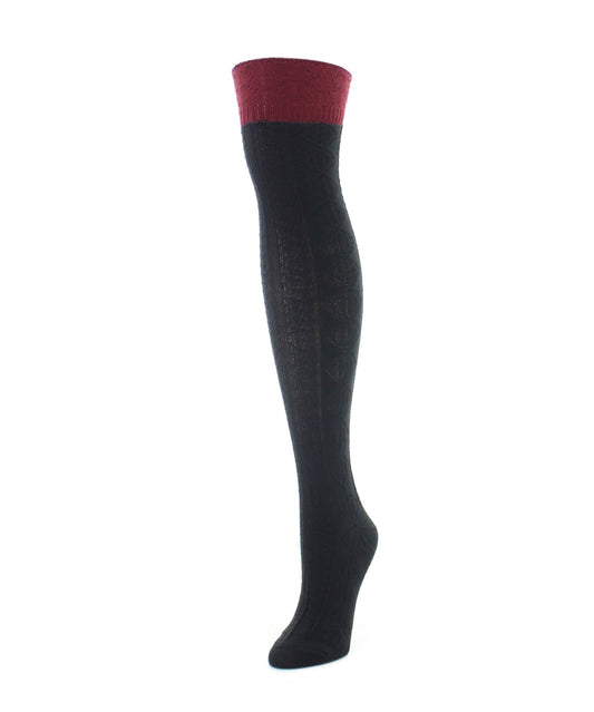 Women's Dot and Braid Wool Blend Over The Knee Sock : Color: Black