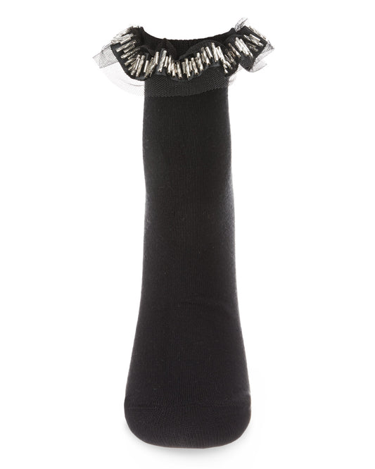 Women's Piping and Trim Fashion Ruffle Cuff Anklet Sock : Color: Black